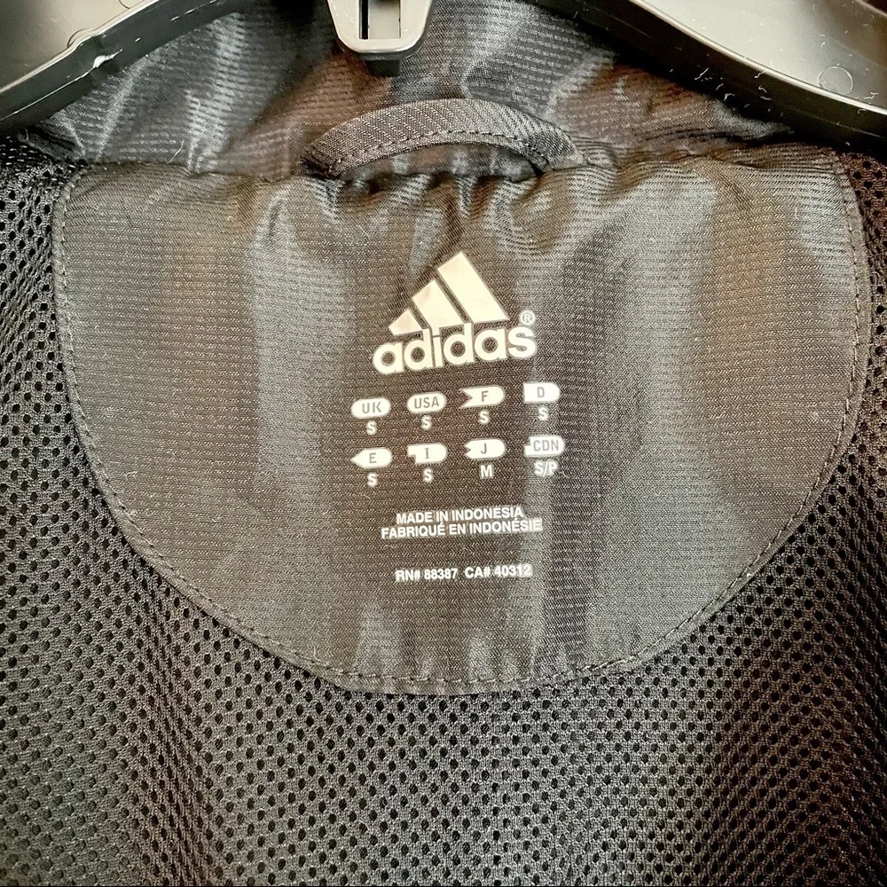 adidas Black and White 3 Stripes Windbreaker Track Jacket with Hidden Hood. S